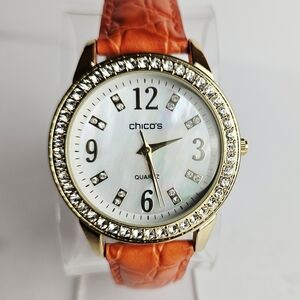 Chico’s Rhinestone Bezel Quartz Watch – Orange Croc-Embossed Band